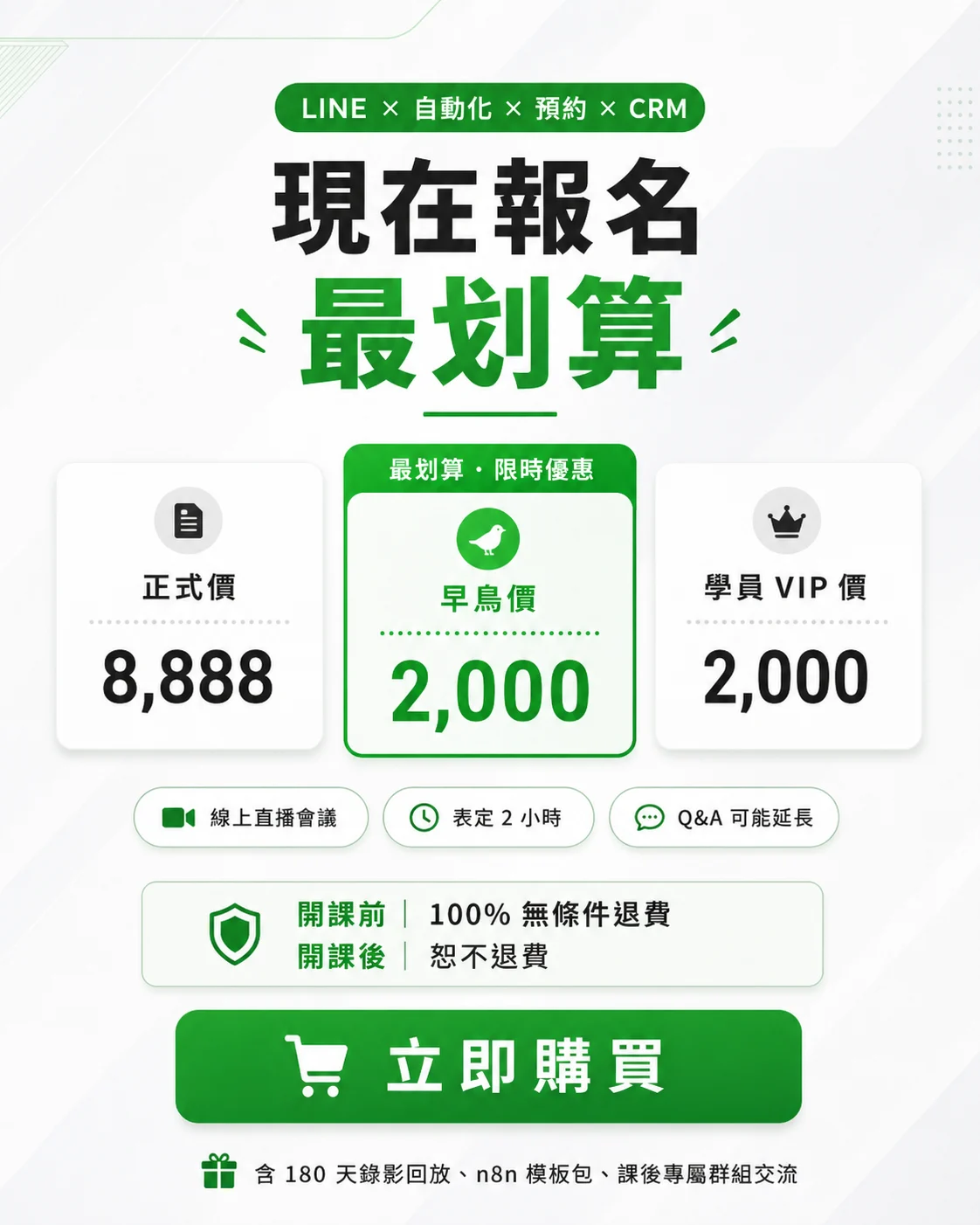 現在報名最划算,正式價 8,888 元,早鳥價與學員 VIP 價 2,000 元,含回放、模板包與群組交流